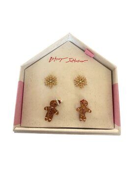 BETSEY JOHNSON Holiday Gingerbread Set of 2 Stud Earrings NEW NIB